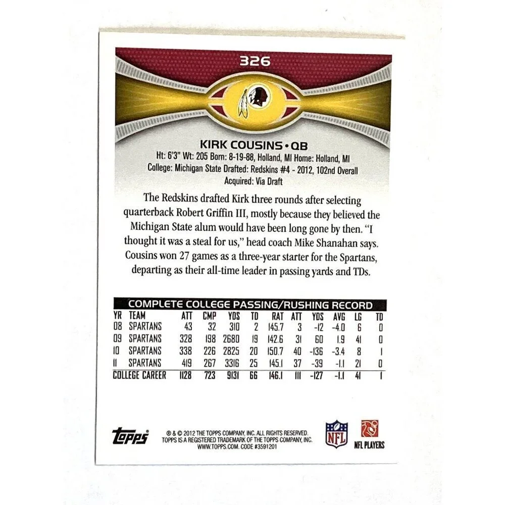 2012 Topps Football Kirk Cousins Rookie Card #326